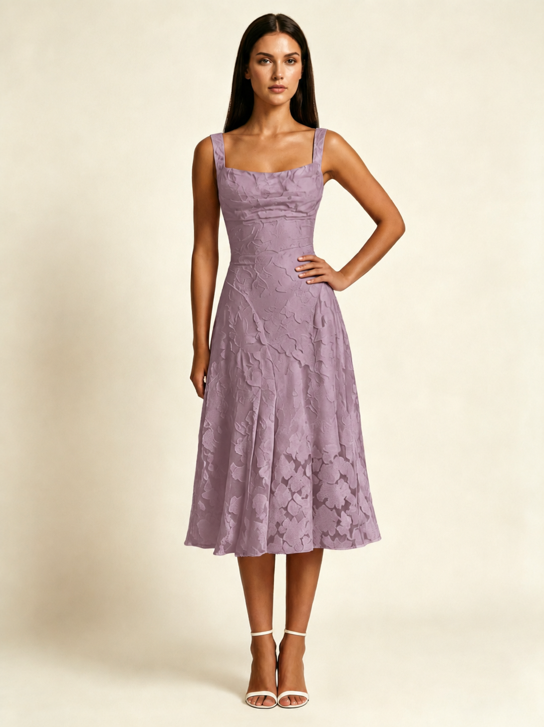 3D Floral Jacquard Square Neck Midi Dress