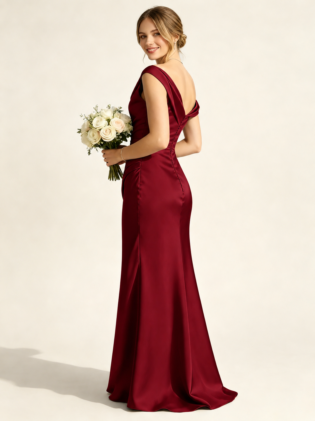 Satin Mermaid Bridesmaid Maxi Dress, Asymmetrical Off Shoulder Ruched Waist Open Back