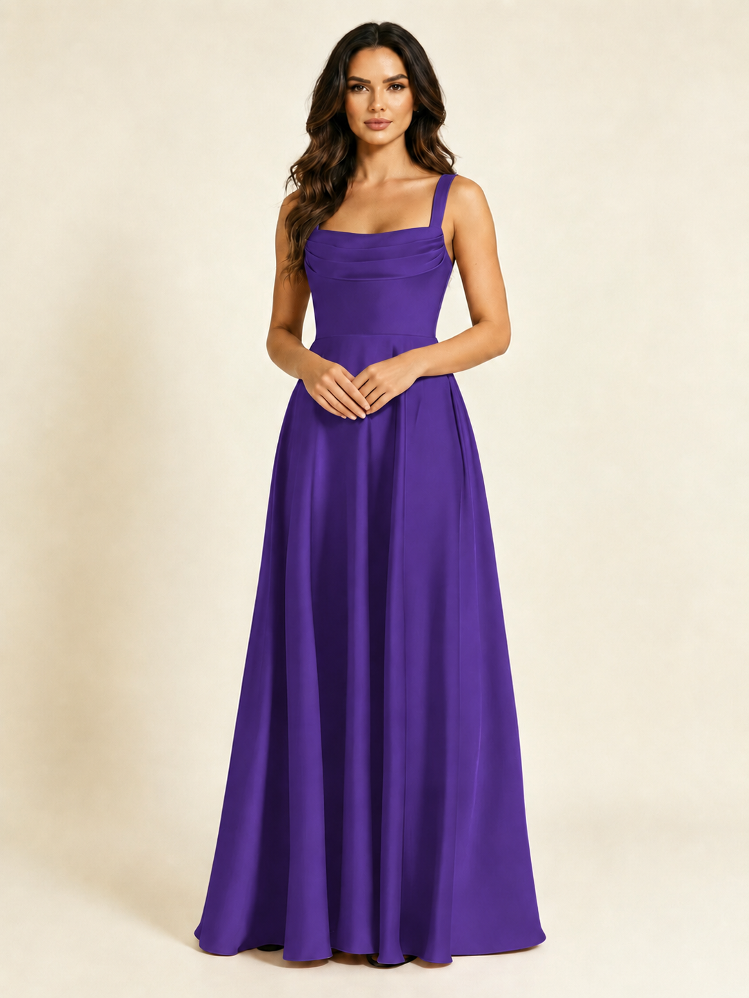 Satin Draped Cowl Square Neck A-Line Maxi Bridesmaid Dress