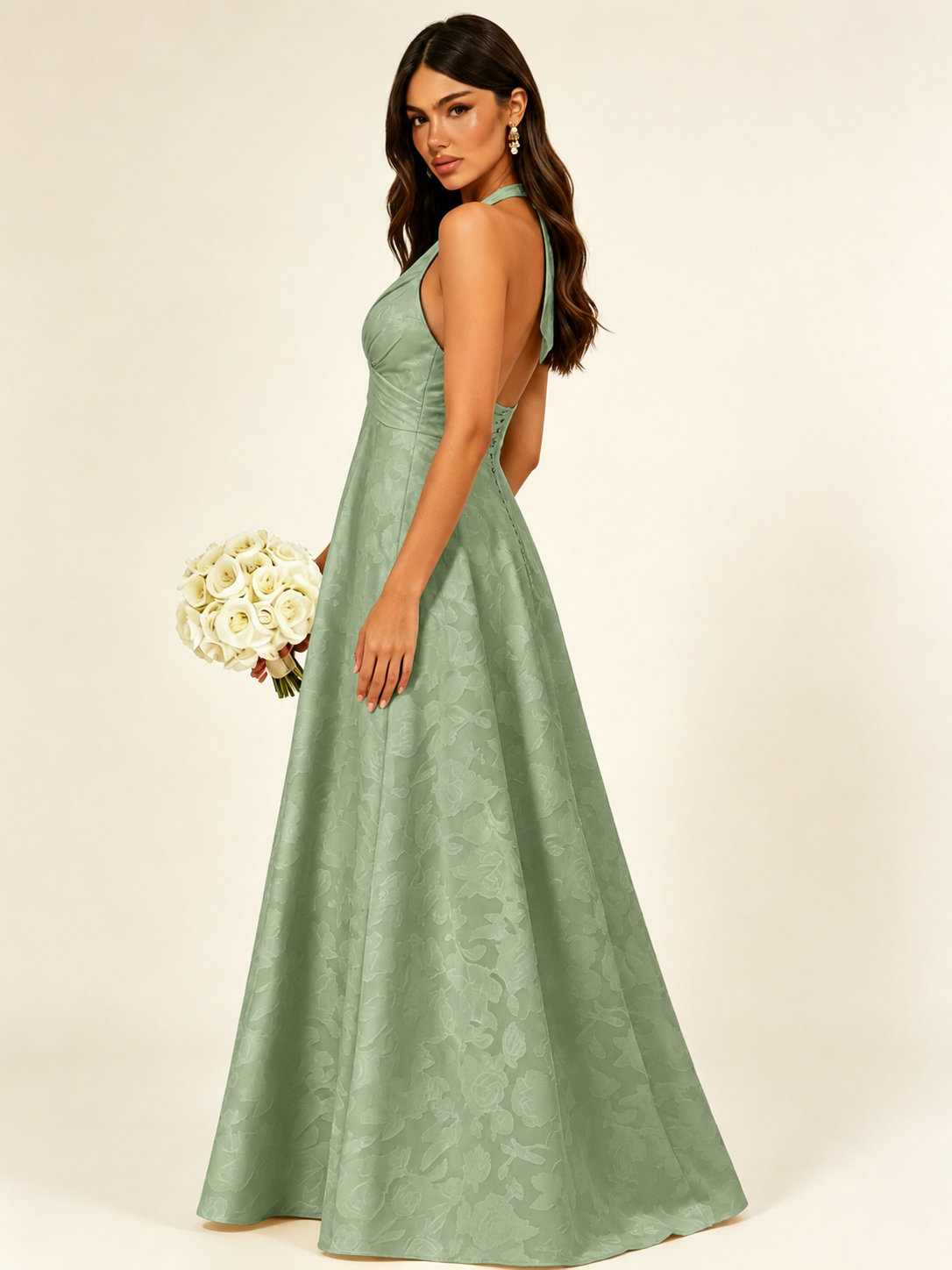 Floral Jacquard Halter Deep V A-Line Maxi Dress Backless Lace-Up Corset Bridesmaid Dress