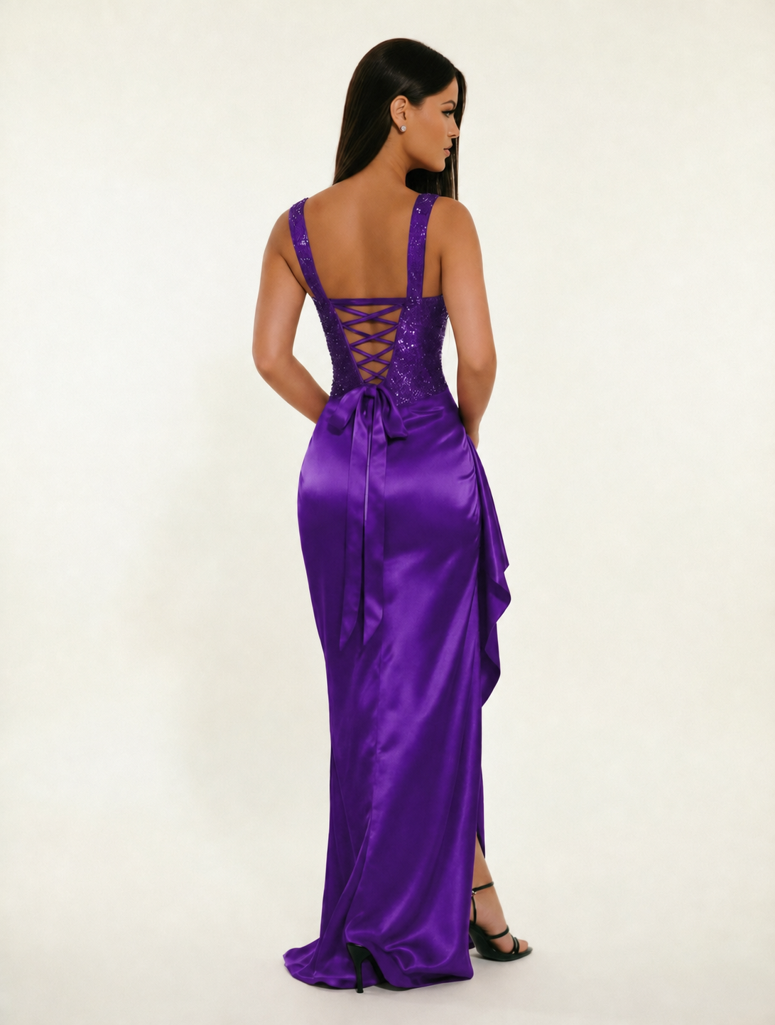 Sequin Corset Satin High Slit Formal Maxi Dress