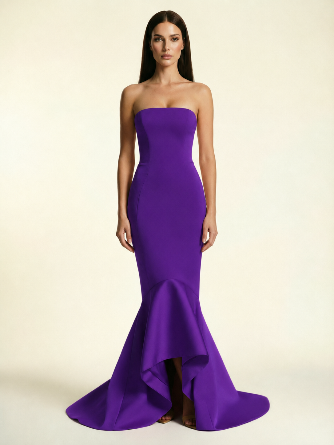 Strapless Satin Mermaid Dress With Ruffled Train & Lace-Up Back