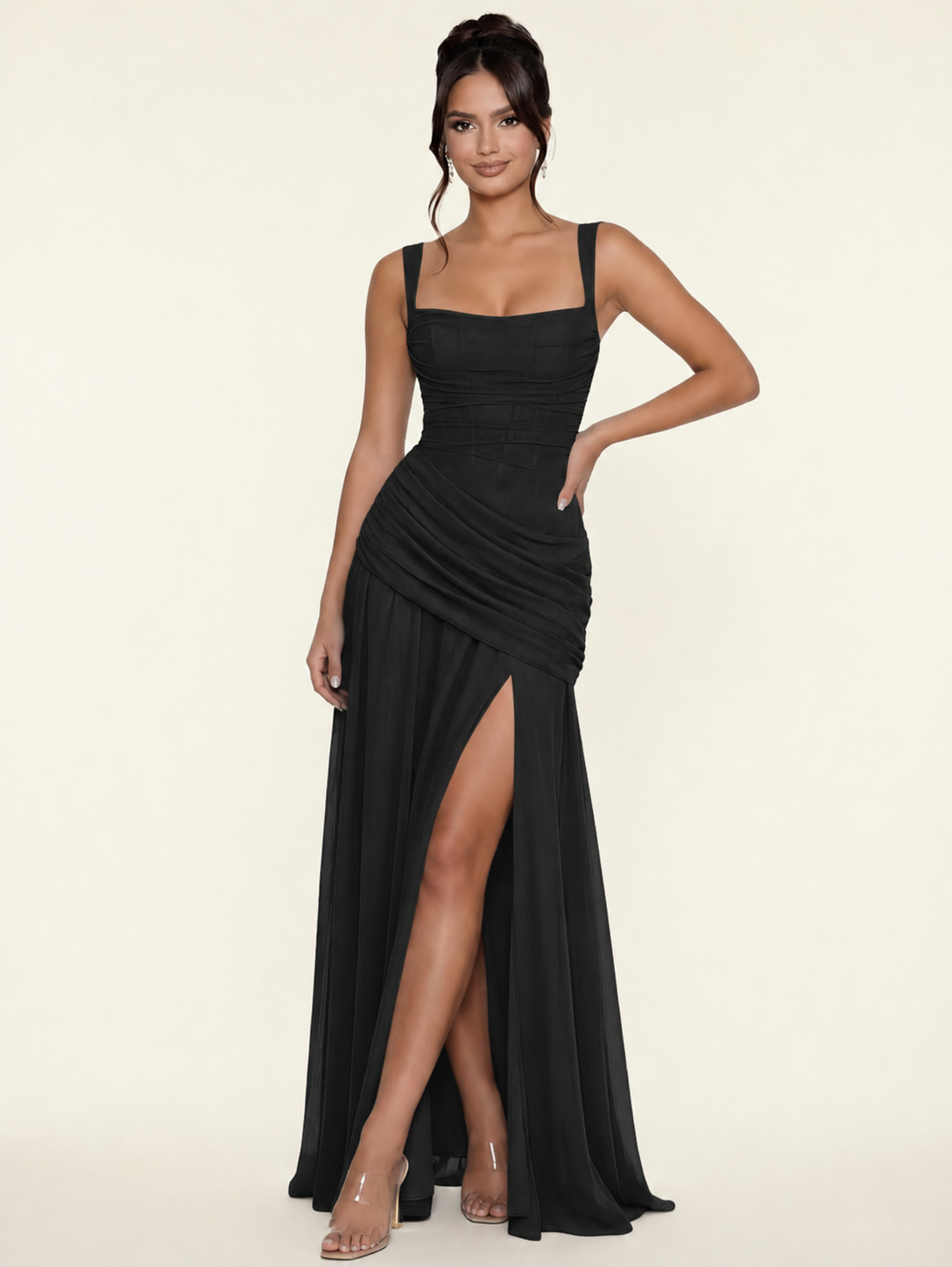 Adjustable Strap Shiny Draped Formal Maxi Dress with Corset Lace Up Back