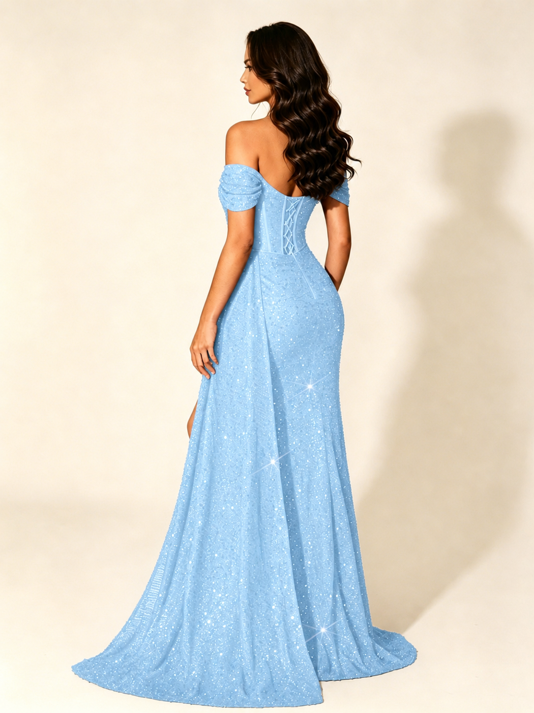 Off Shoulder Sequin High Slit Dress with Train