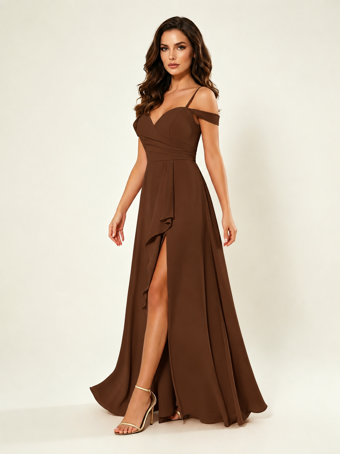 Off shoulder chiffon bridesmaid dress with high slit ruffle