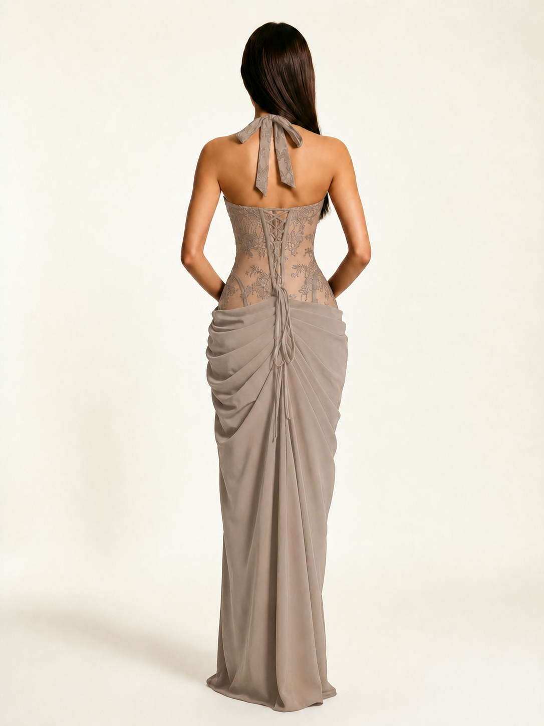 Lace Corset Halter High Slit Formal Dress