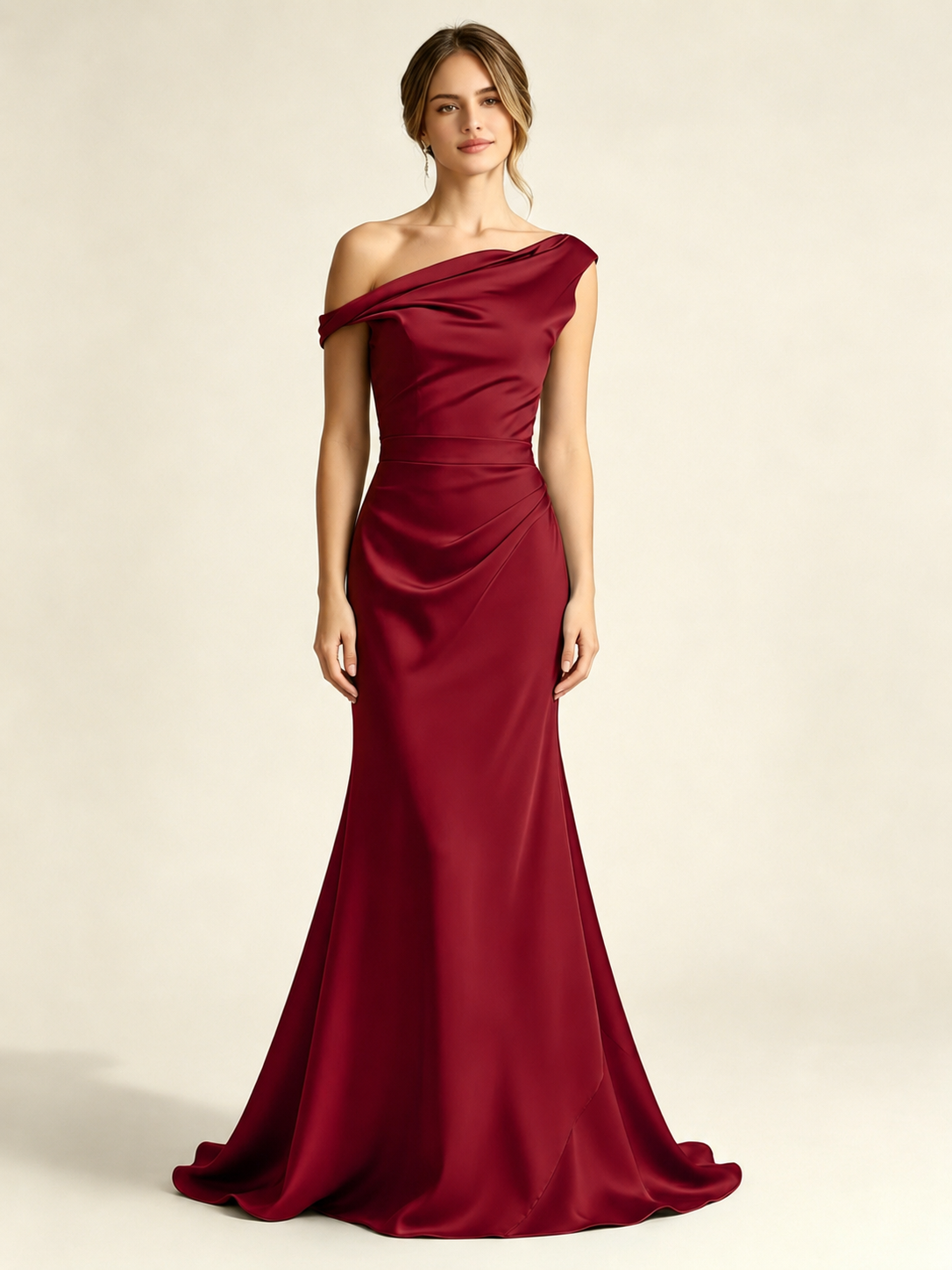 Satin Mermaid Bridesmaid Maxi Dress, Asymmetrical Off Shoulder Ruched Waist Open Back