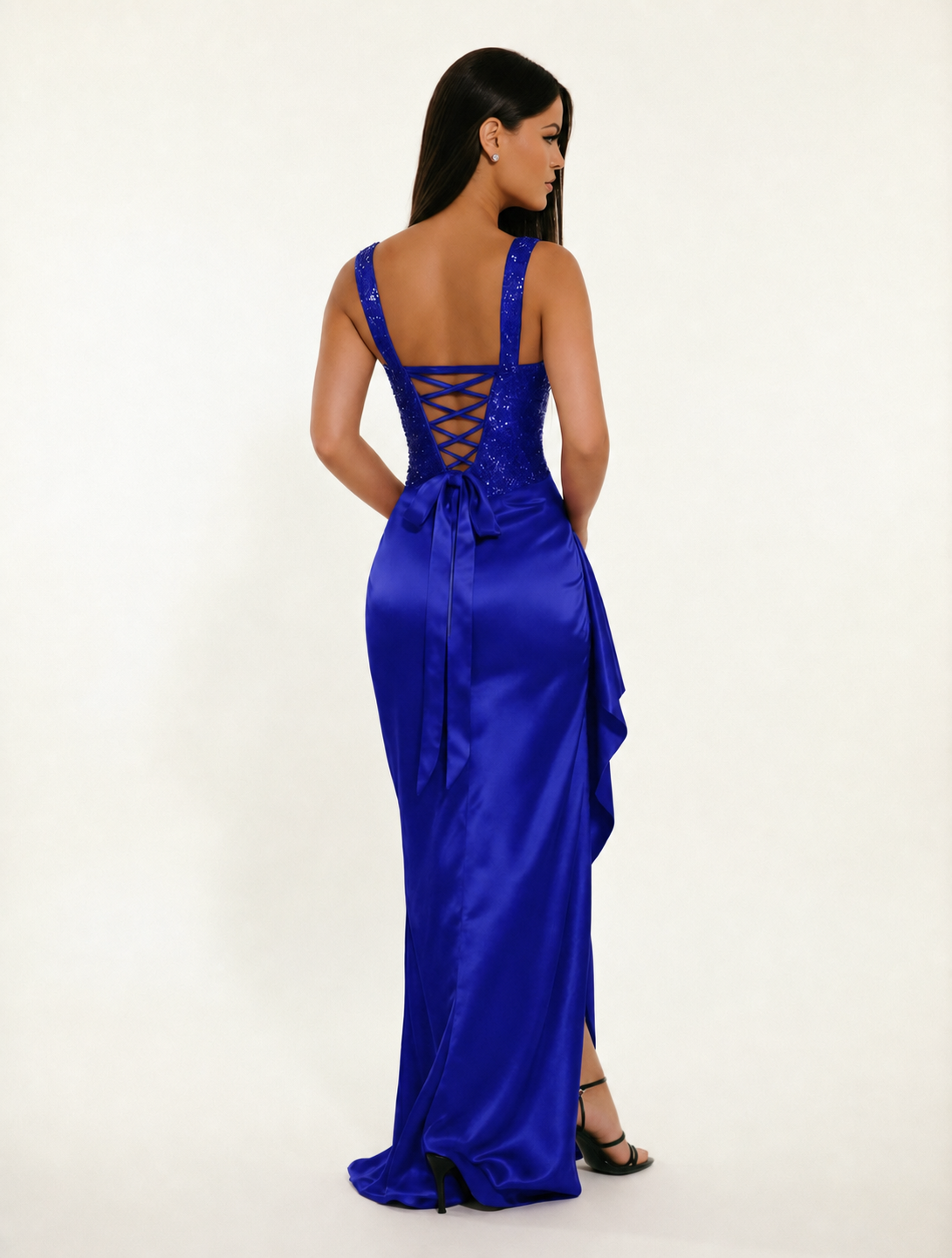 Sequin Corset Satin High Slit Formal Maxi Dress