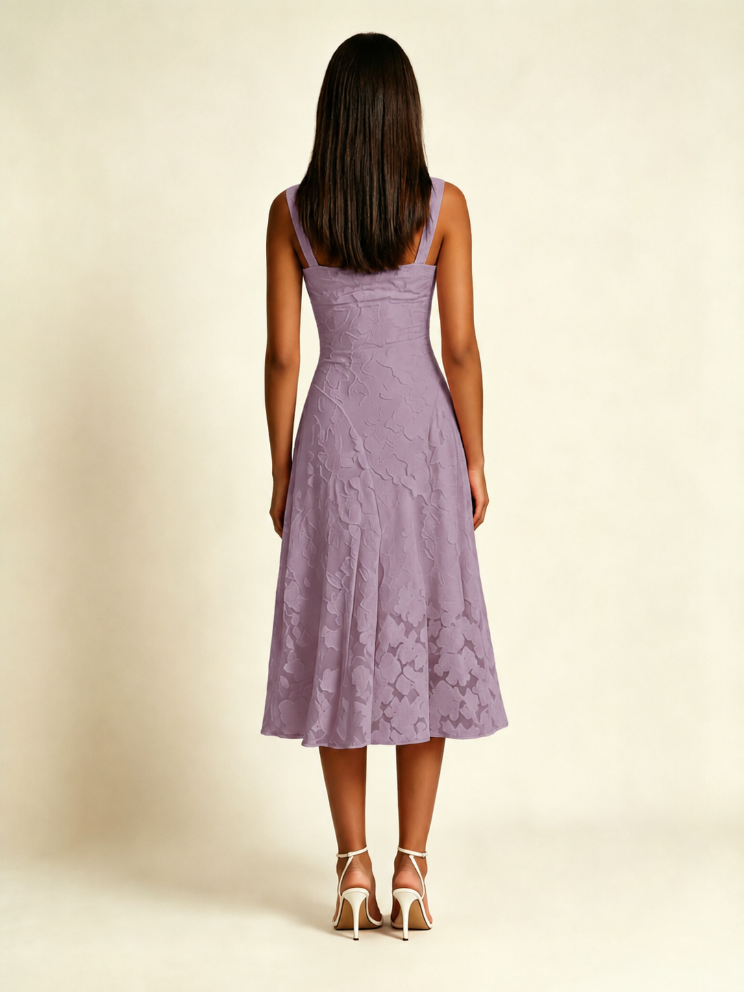 3D Floral Jacquard Square Neck Midi Dress