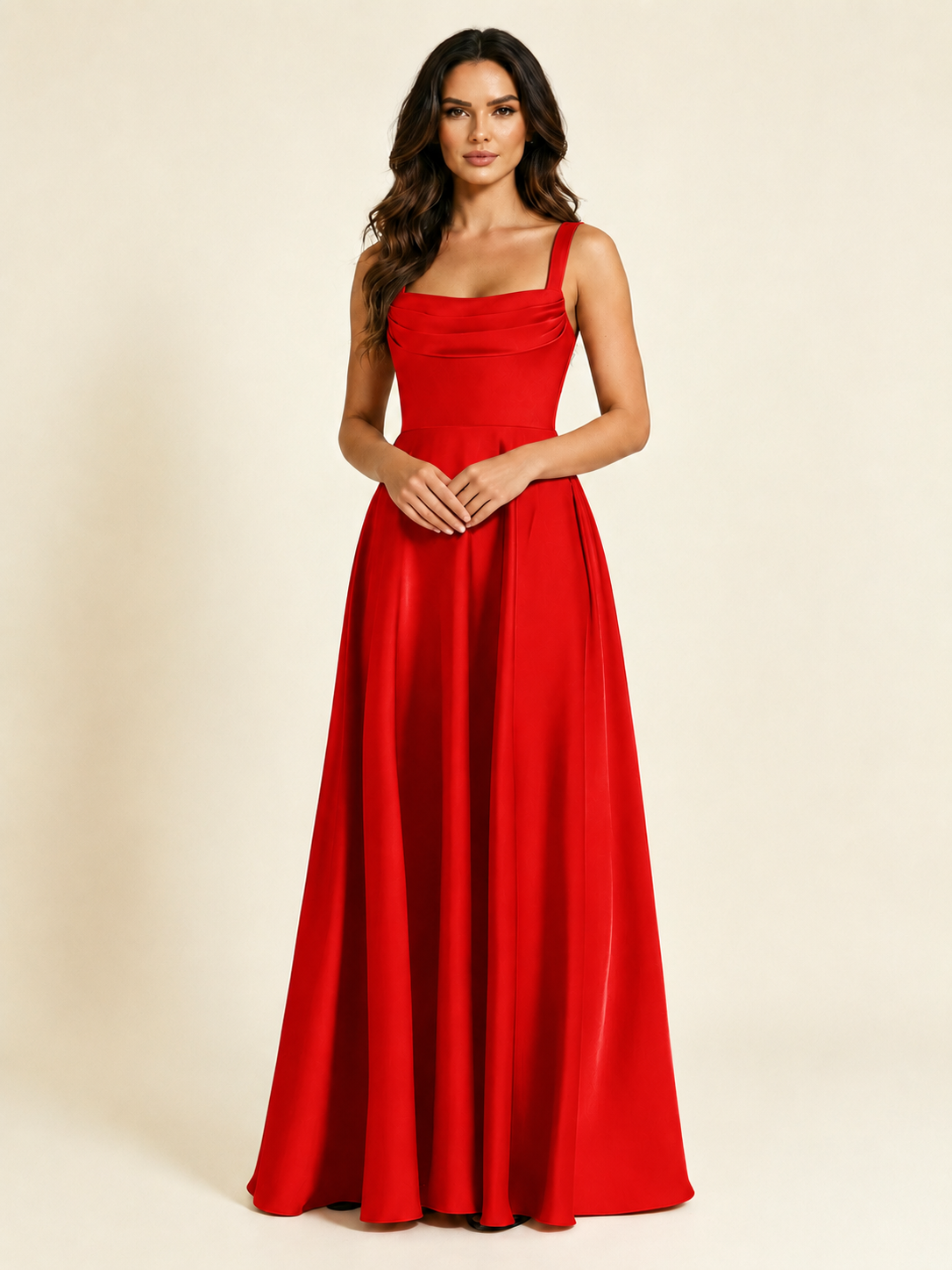 Satin Draped Cowl Square Neck A-Line Maxi Bridesmaid Dress