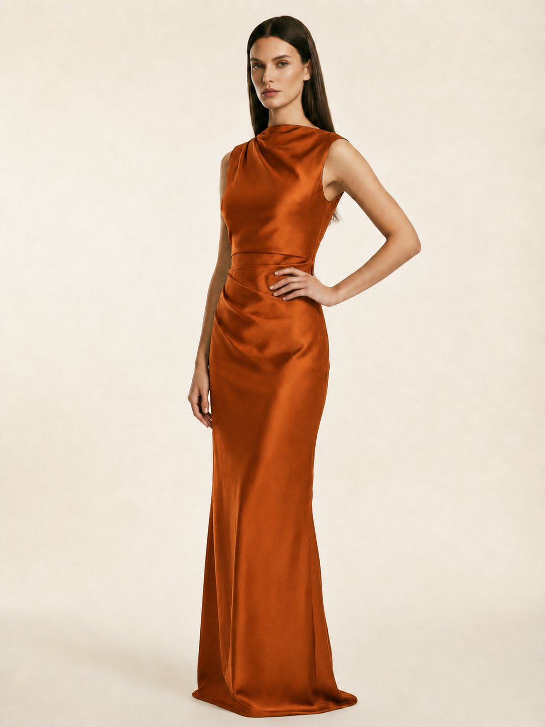 Sleeveless Draped Satin Mermaid Cutout Back Formal Dress