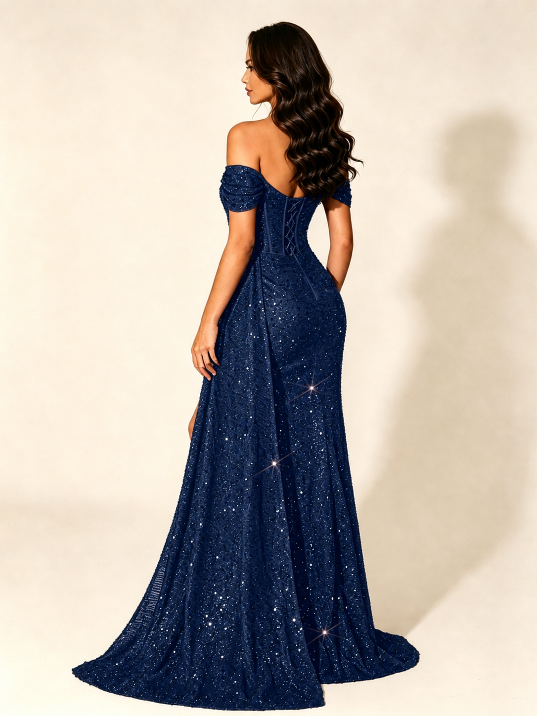 Off Shoulder Sequin High Slit Dress with Train