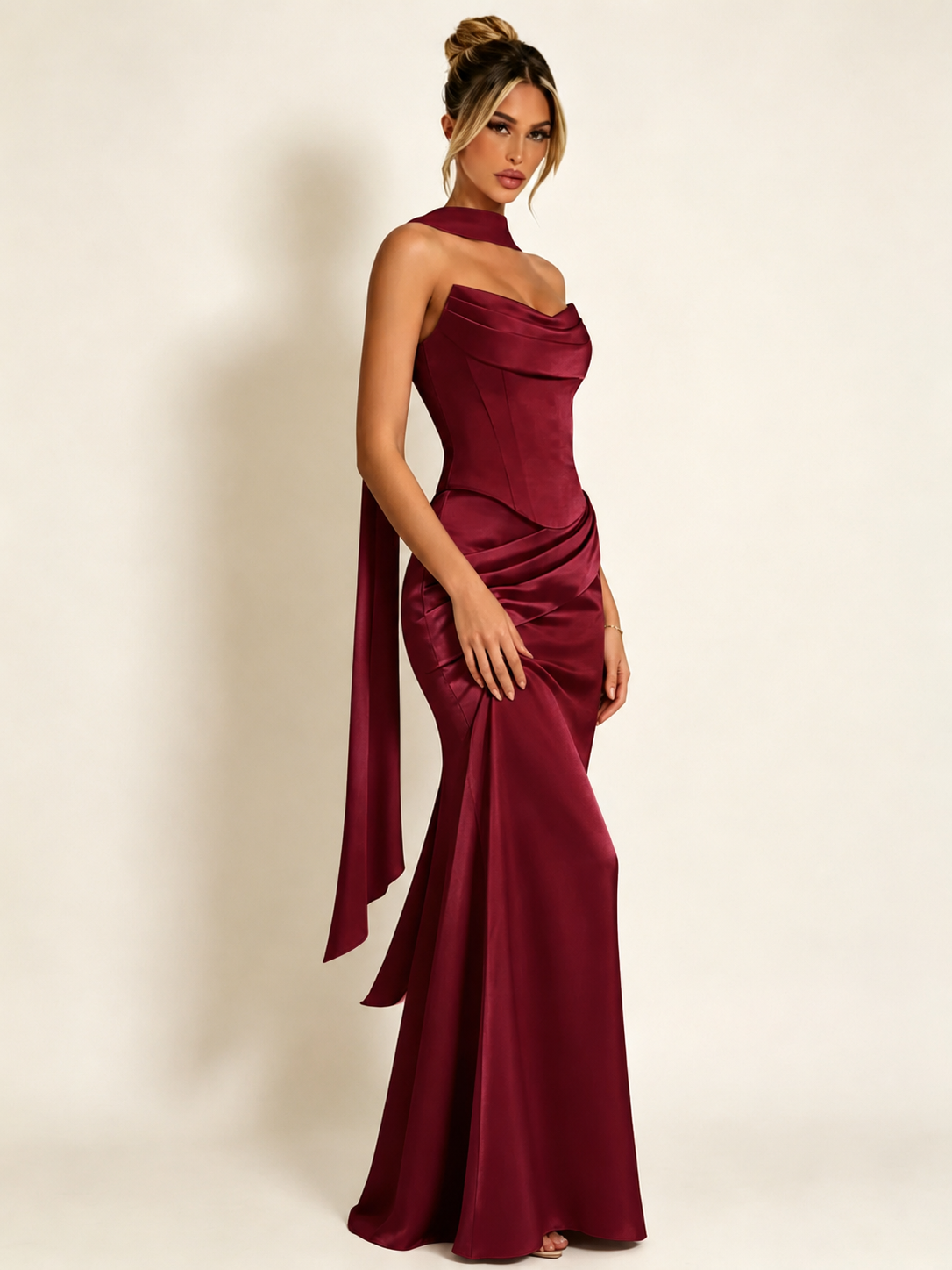 Satin Cowl Neck Mermaid Evening Dress with Corset Bodice and Draped Straps
