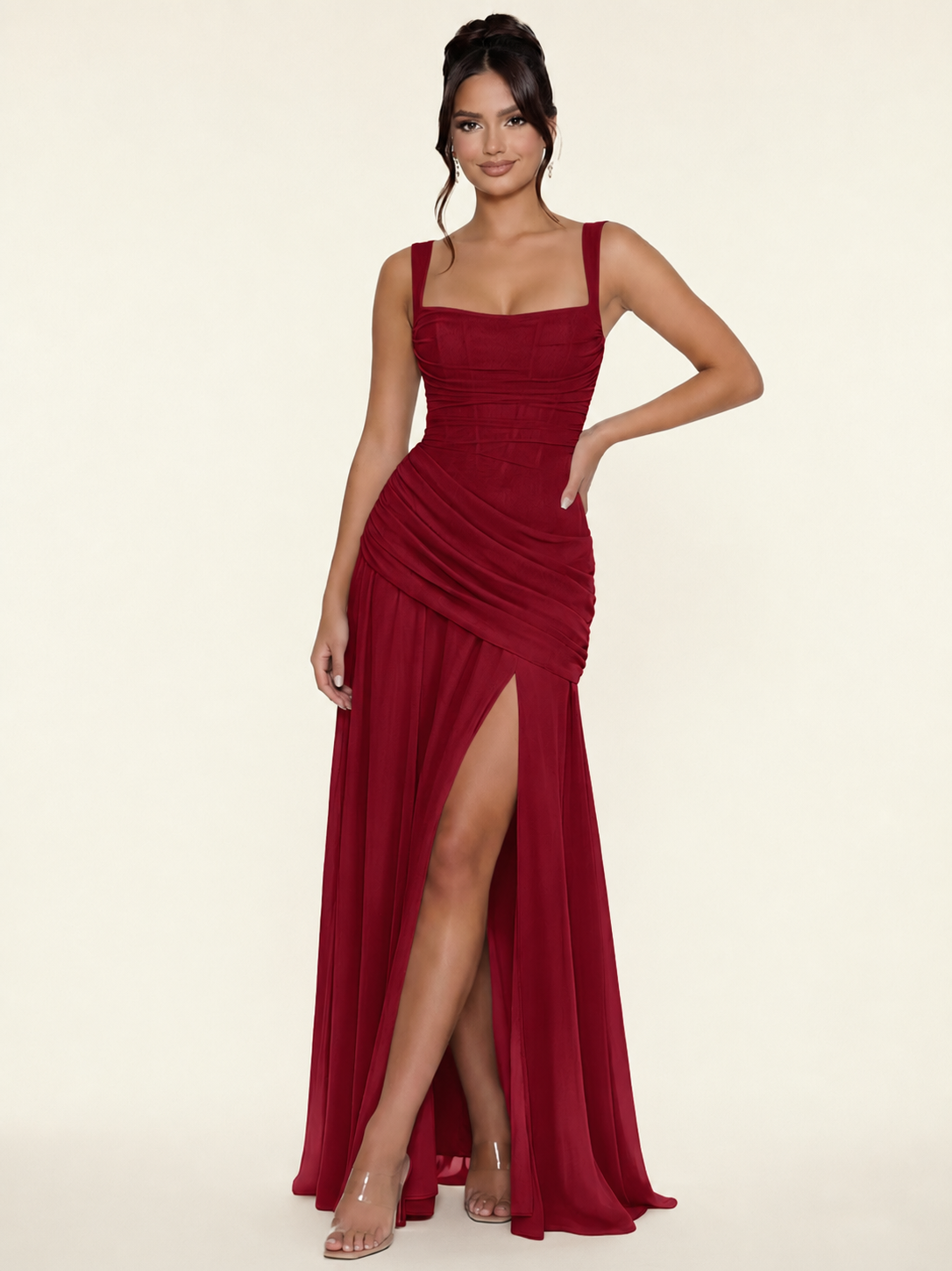 Adjustable Strap Shiny Draped Formal Maxi Dress with Corset Lace Up Back