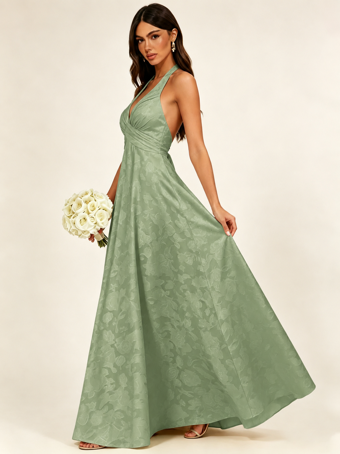 Floral Jacquard Halter Deep V A-Line Maxi Dress Backless Lace-Up Corset Bridesmaid Dress