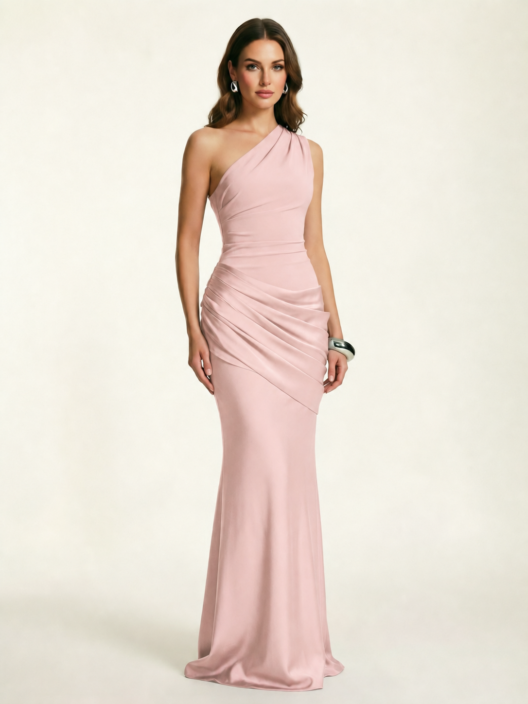 Single-shoulder satin floor-length evening dress