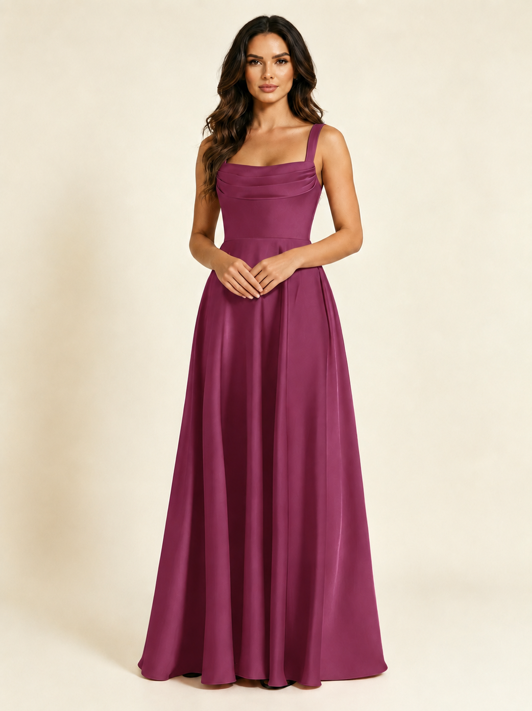 Satin Draped Cowl Square Neck A-Line Maxi Bridesmaid Dress