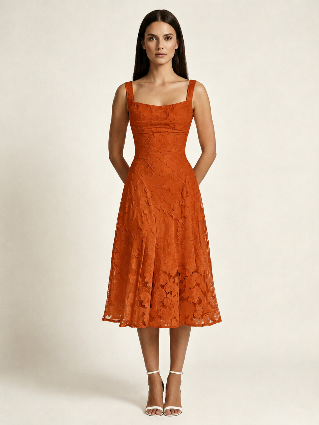 3D Floral Jacquard Square Neck Midi Dress