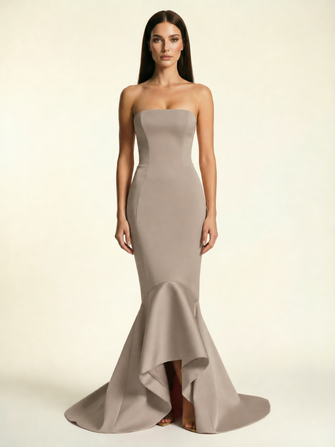Strapless Satin Mermaid Dress With Ruffled Train & Lace-Up Back