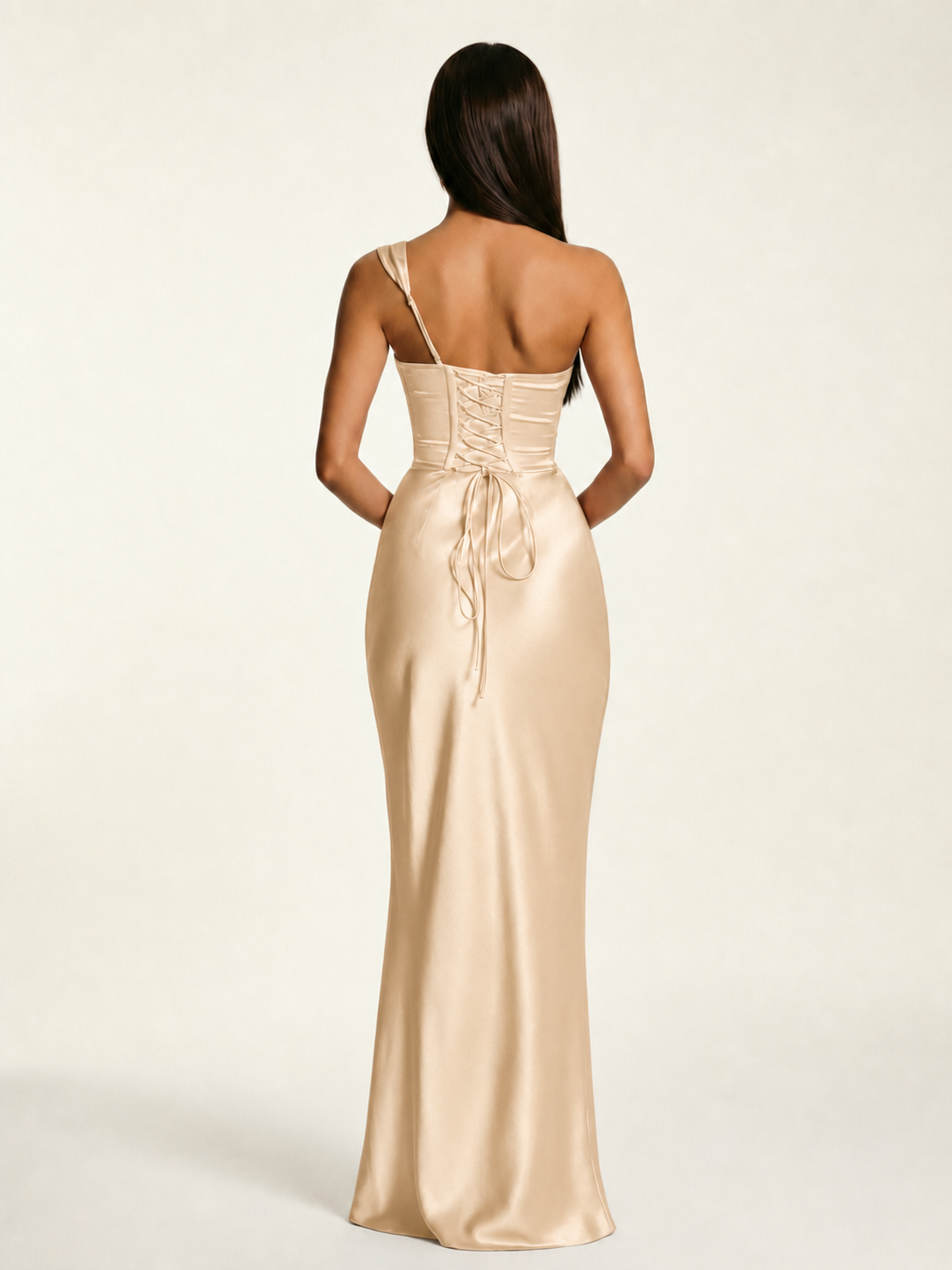 Single-shoulder satin back strap design formal dress