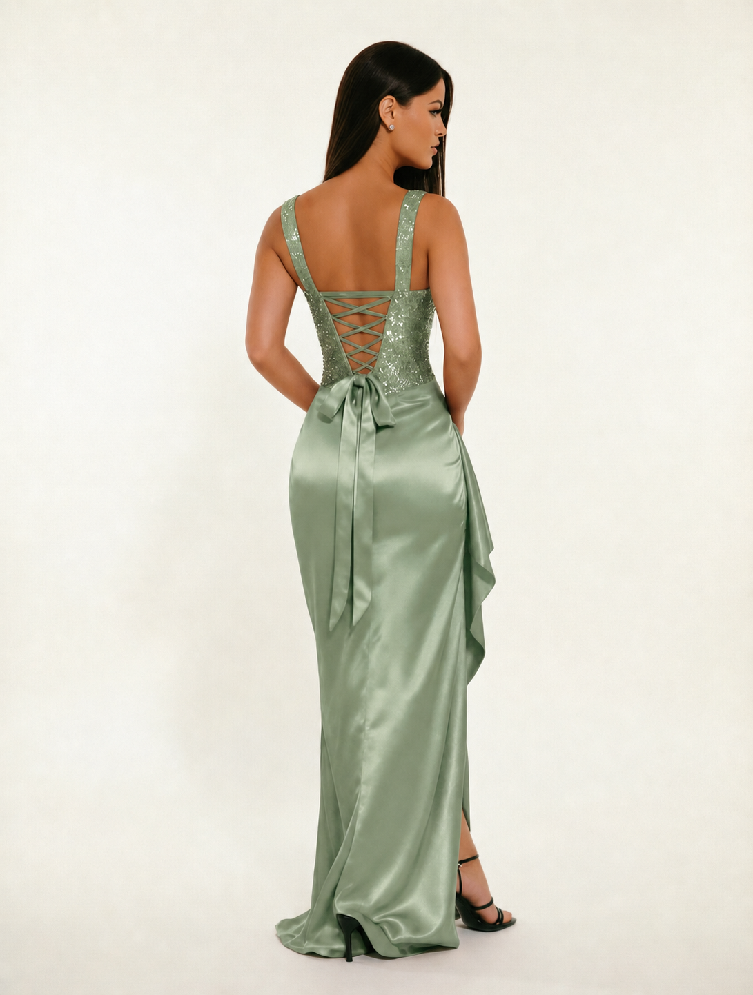 Sequin Corset Satin High Slit Formal Maxi Dress
