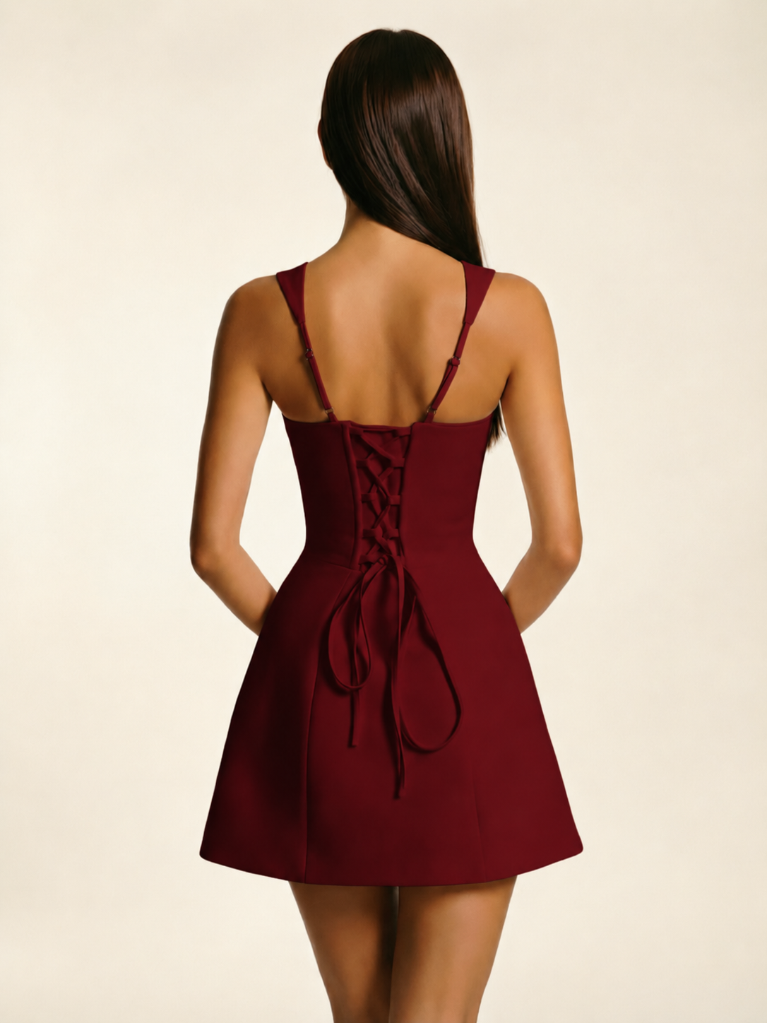 Square Neck Wide Strap Lace-Up A-Line Mini Dress