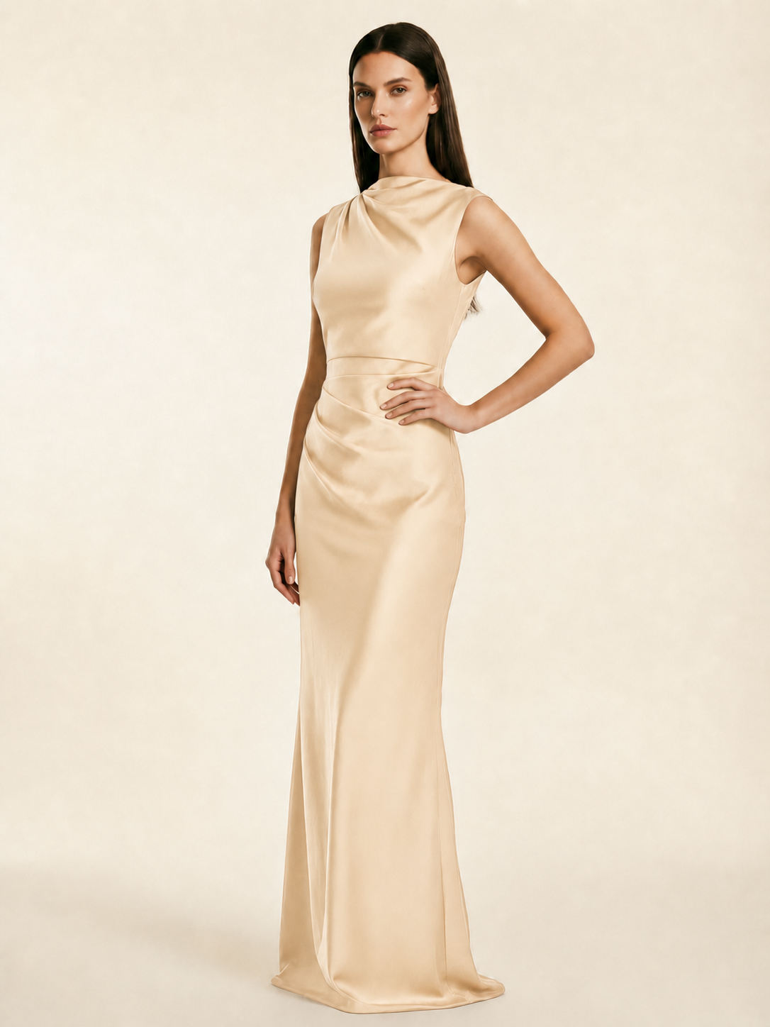 Sleeveless Draped Satin Mermaid Cutout Back Formal Dress