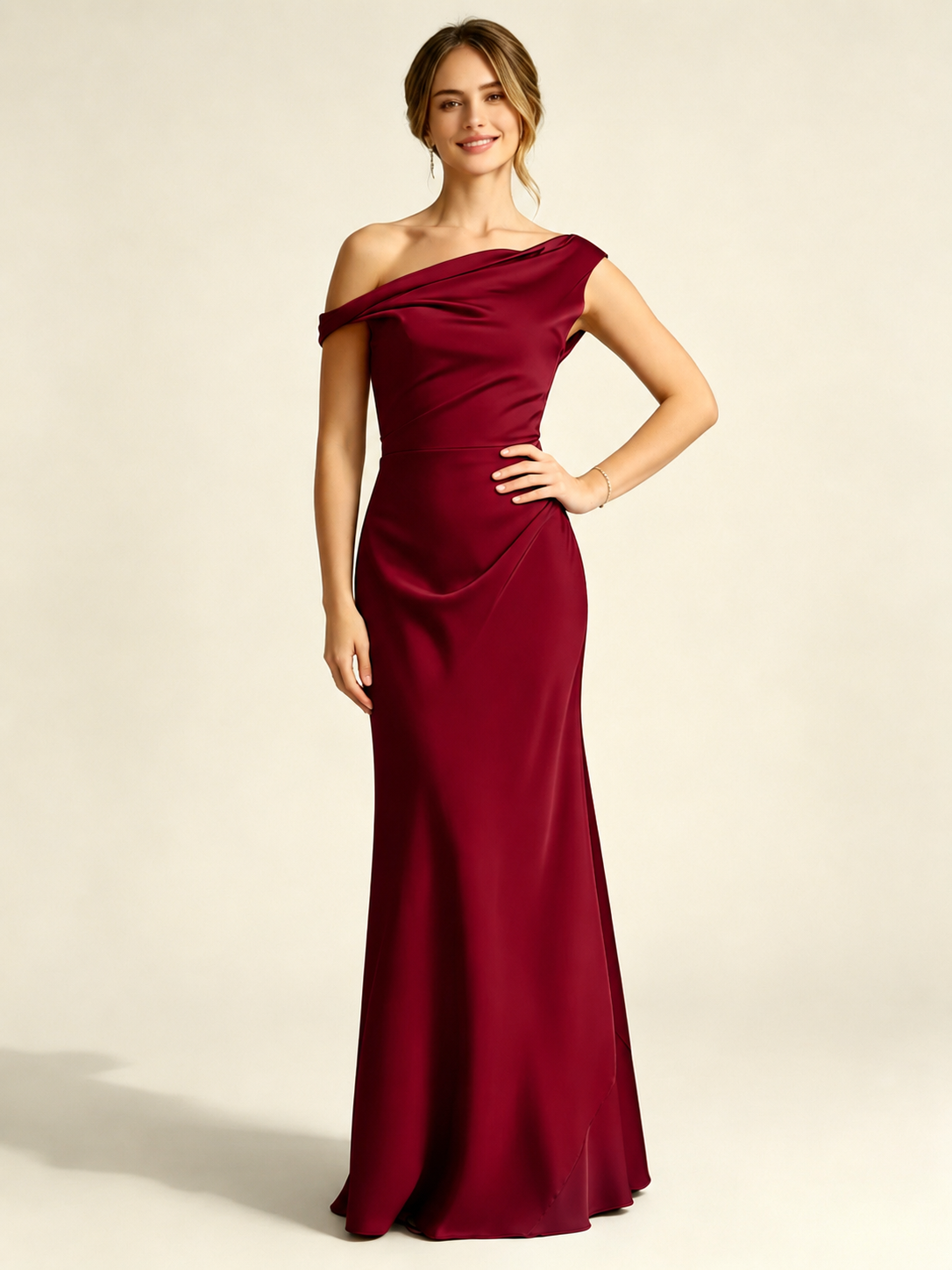 Satin Mermaid Bridesmaid Maxi Dress, Asymmetrical Off Shoulder Ruched Waist Open Back