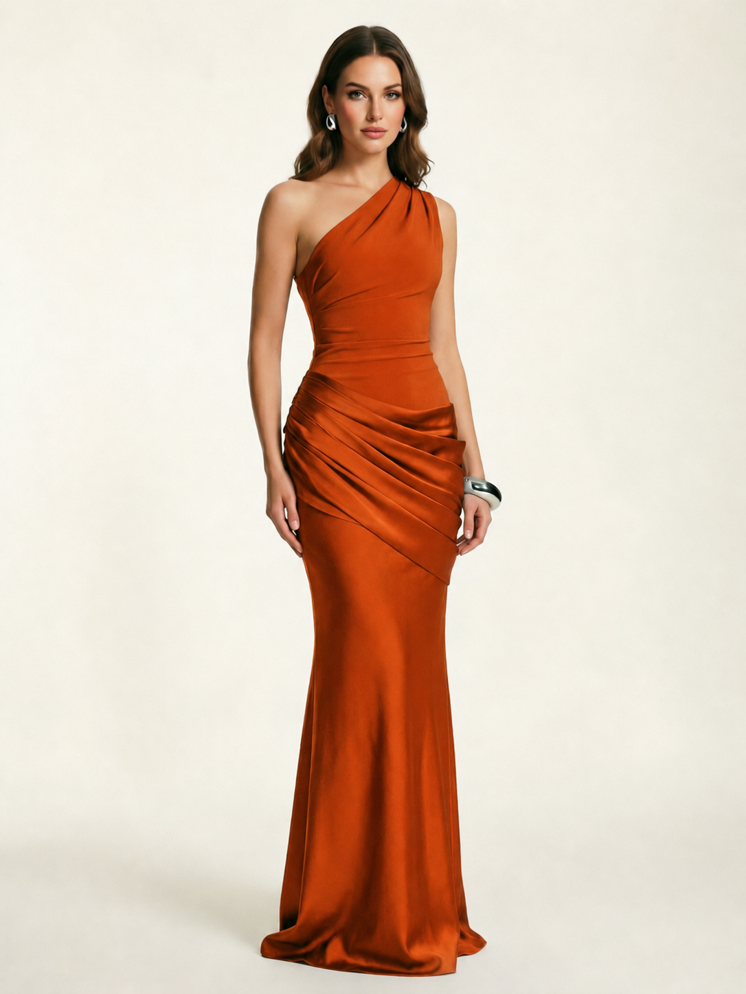 Single-shoulder satin floor-length evening dress