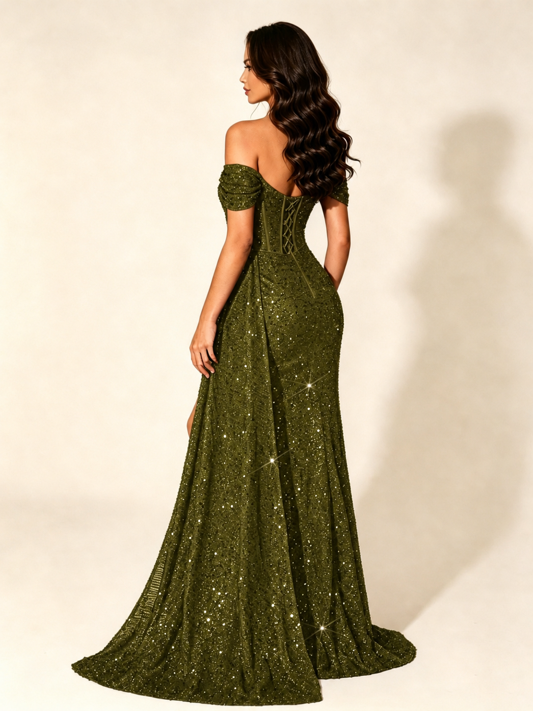 Off Shoulder Sequin High Slit Dress with Train