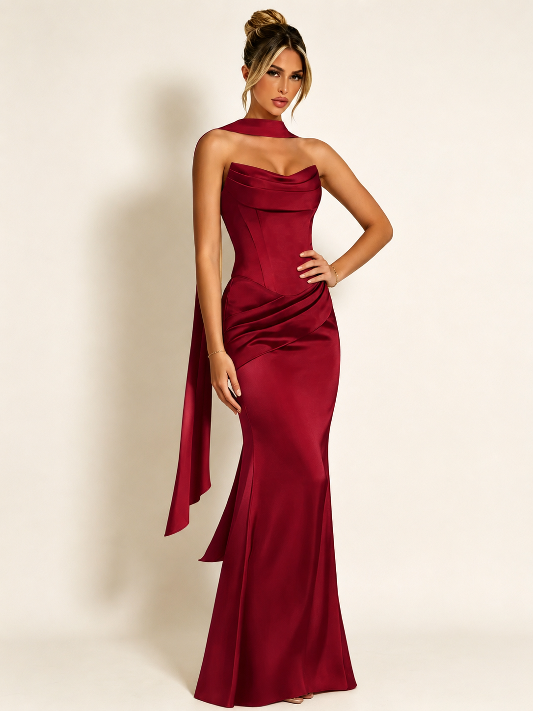 Satin Cowl Neck Mermaid Evening Dress with Corset Bodice and Draped Straps