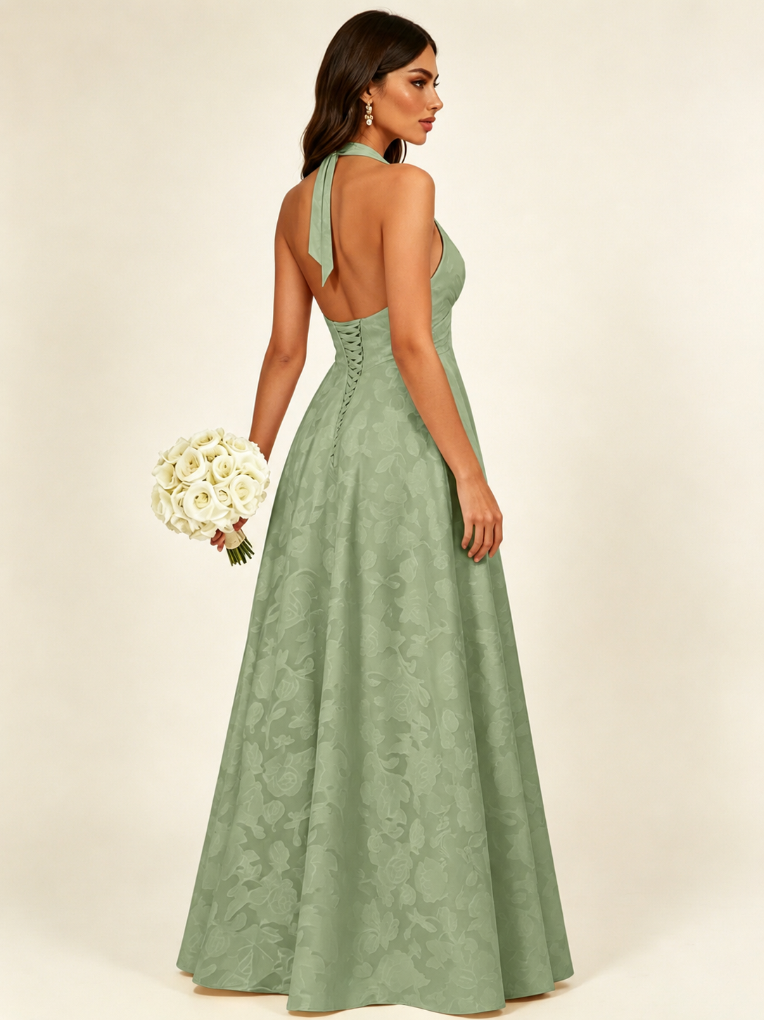 Floral Jacquard Halter Deep V A-Line Maxi Dress Backless Lace-Up Corset Bridesmaid Dress