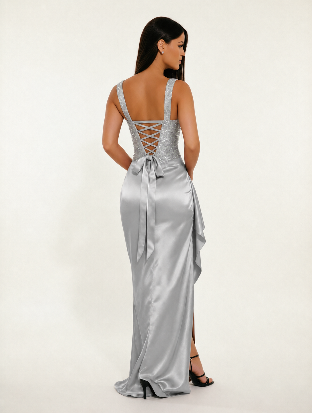 Sequin Corset Satin High Slit Formal Maxi Dress