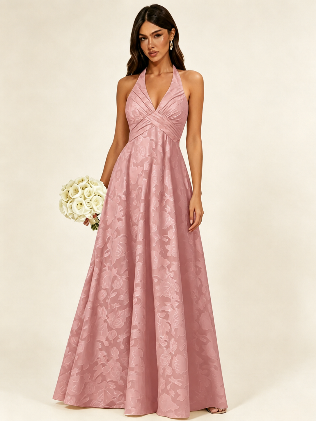 Floral Jacquard Halter Deep V A-Line Maxi Dress Backless Lace-Up Corset Bridesmaid Dress