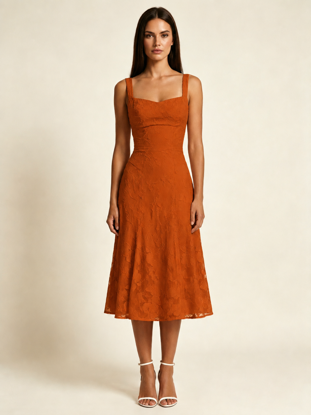 3D Floral Jacquard Square Neck Midi Dress