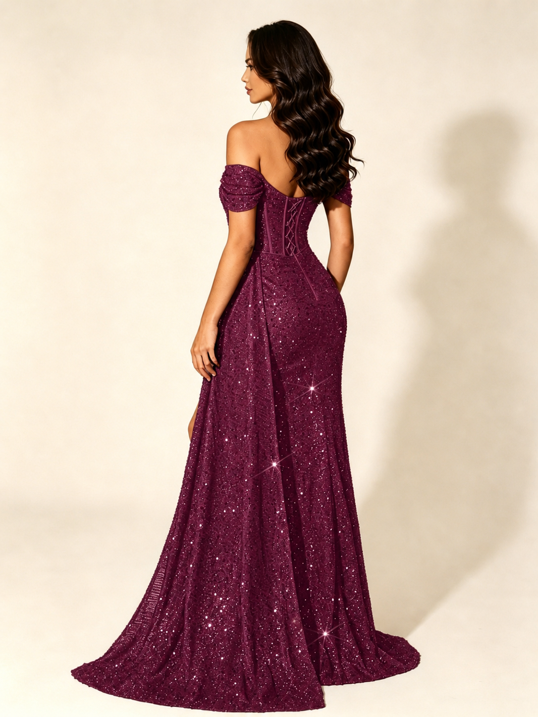 Off Shoulder Sequin High Slit Dress with Train