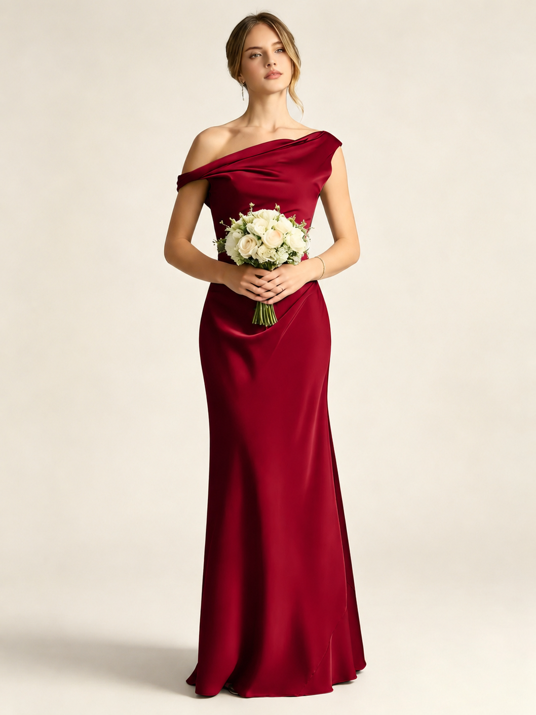 Satin Mermaid Bridesmaid Maxi Dress, Asymmetrical Off Shoulder Ruched Waist Open Back