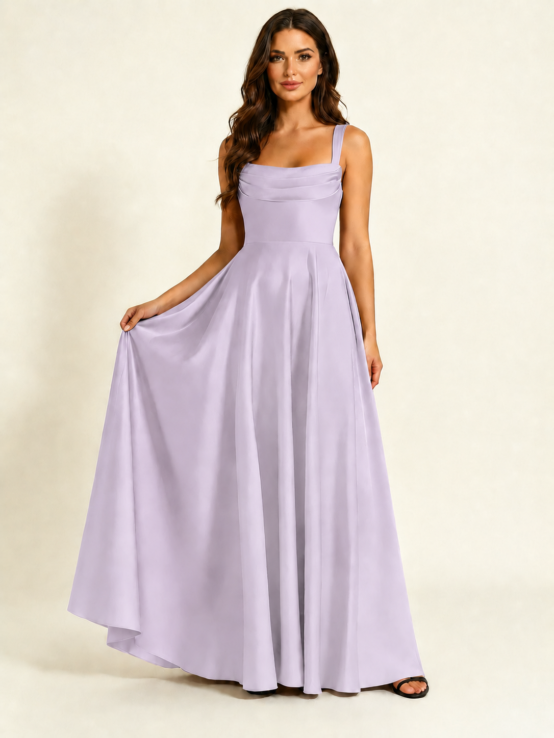 Satin Draped Cowl Square Neck A-Line Maxi Bridesmaid Dress