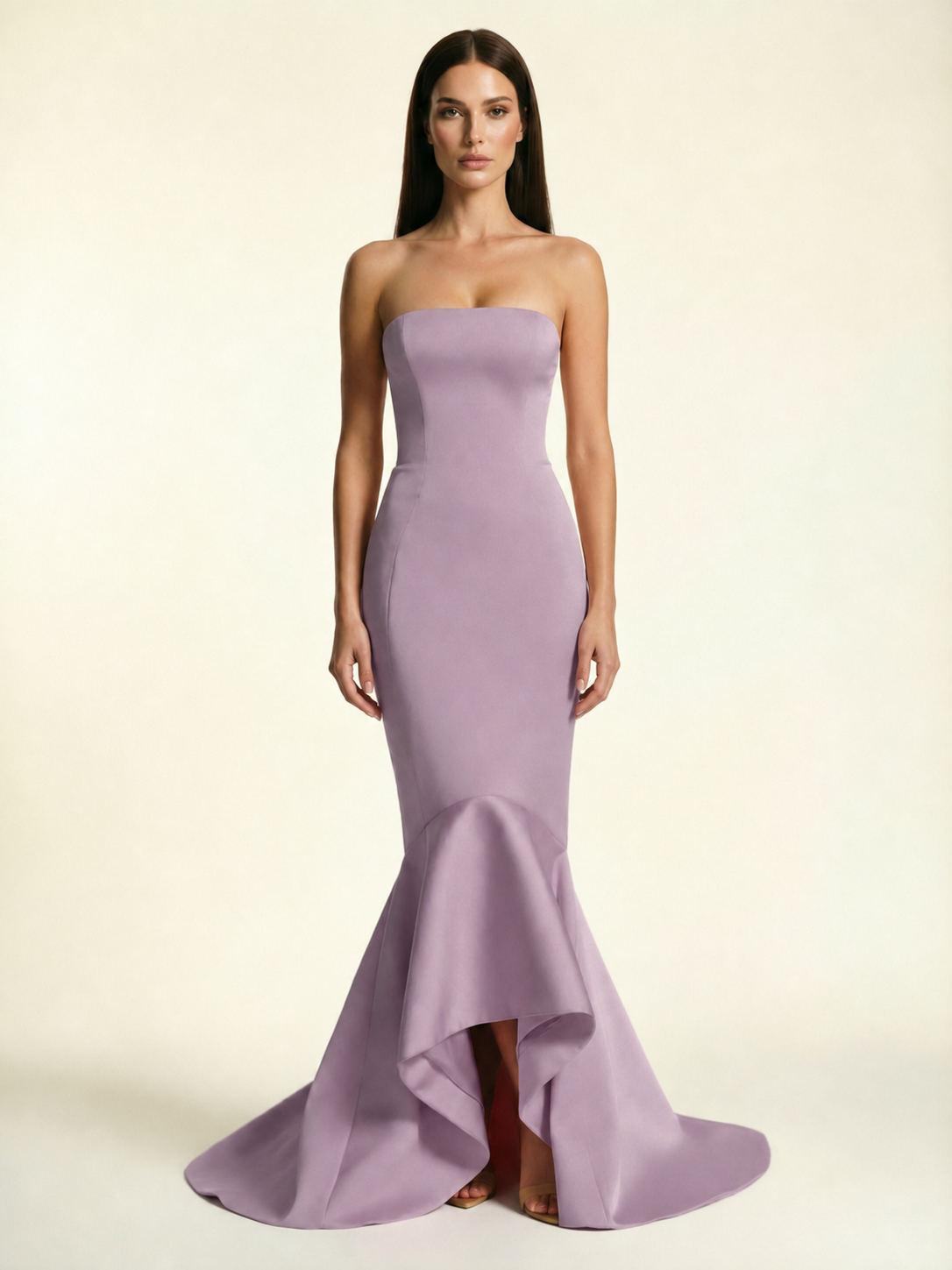 Strapless Satin Mermaid Dress With Ruffled Train & Lace-Up Back