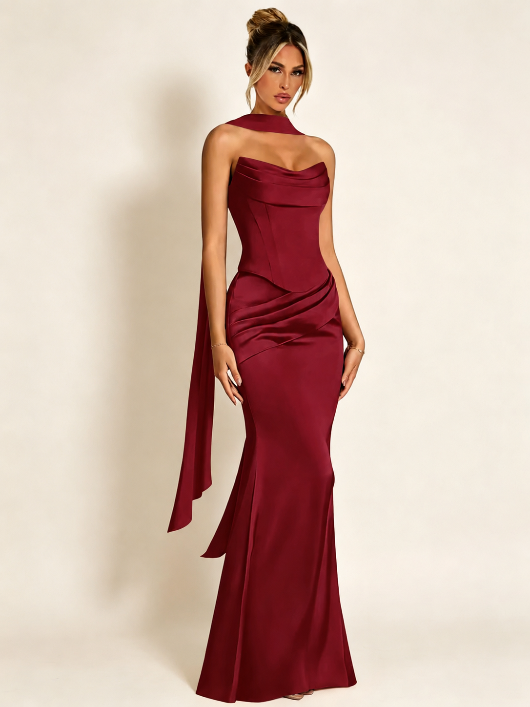 Satin Cowl Neck Mermaid Evening Dress with Corset Bodice and Draped Straps