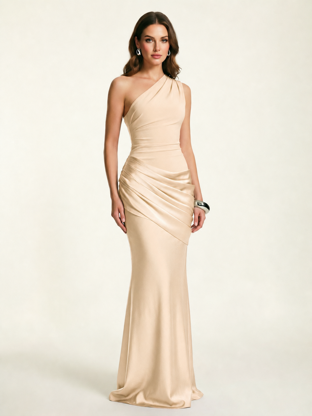 Single-shoulder satin floor-length evening dress