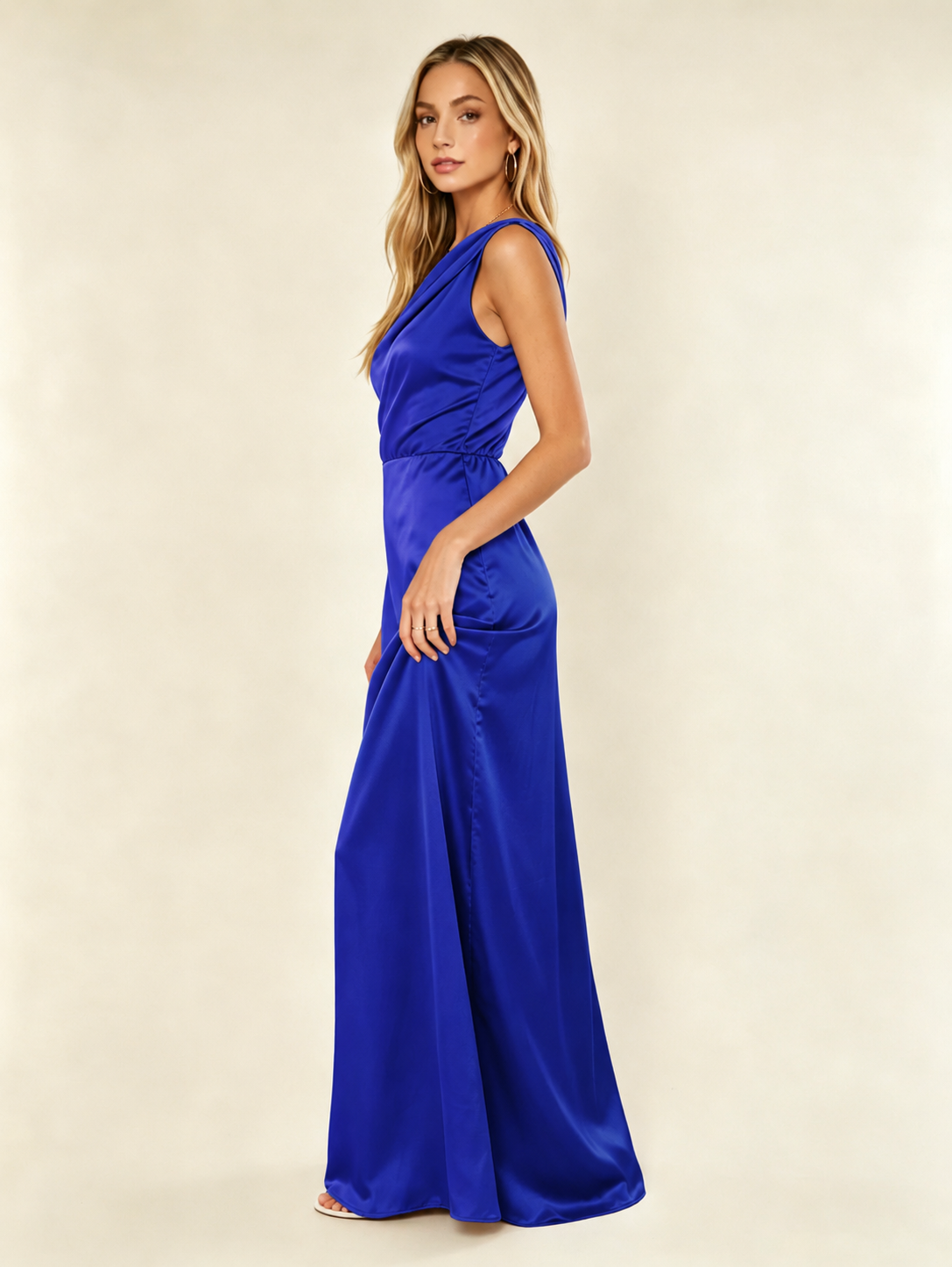 Satin One Shoulder Maxi Dress Asymmetric Draped High Slit Bridesmaid Dress