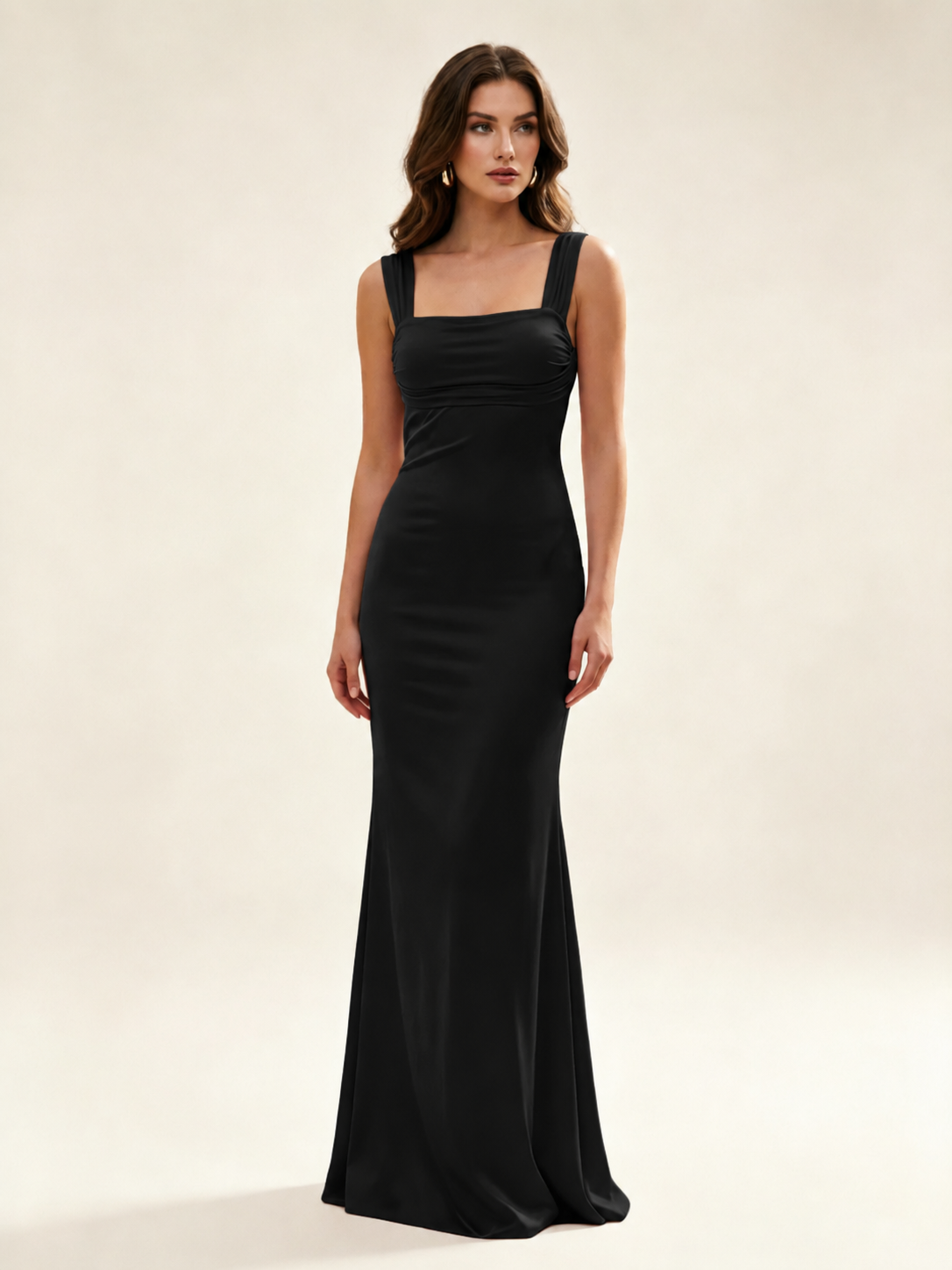 Satin Mermaid Bridesmaid Maxi Dress, Wide Strap Square Neck Cross Lace-Up Open Back