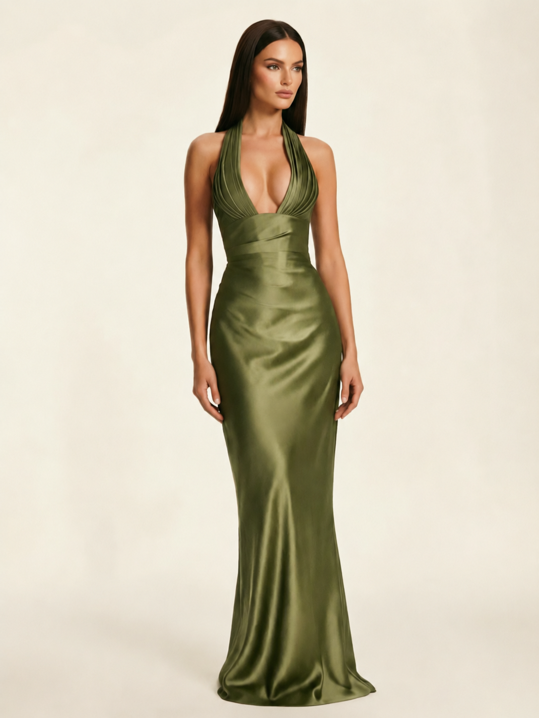 Deep V Satin Mermaid Lace-Up Back Formal Dress
