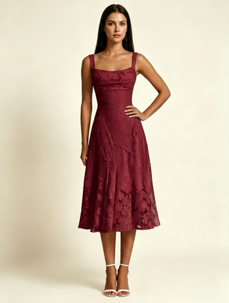 3D Floral Jacquard Square Neck Midi Dress