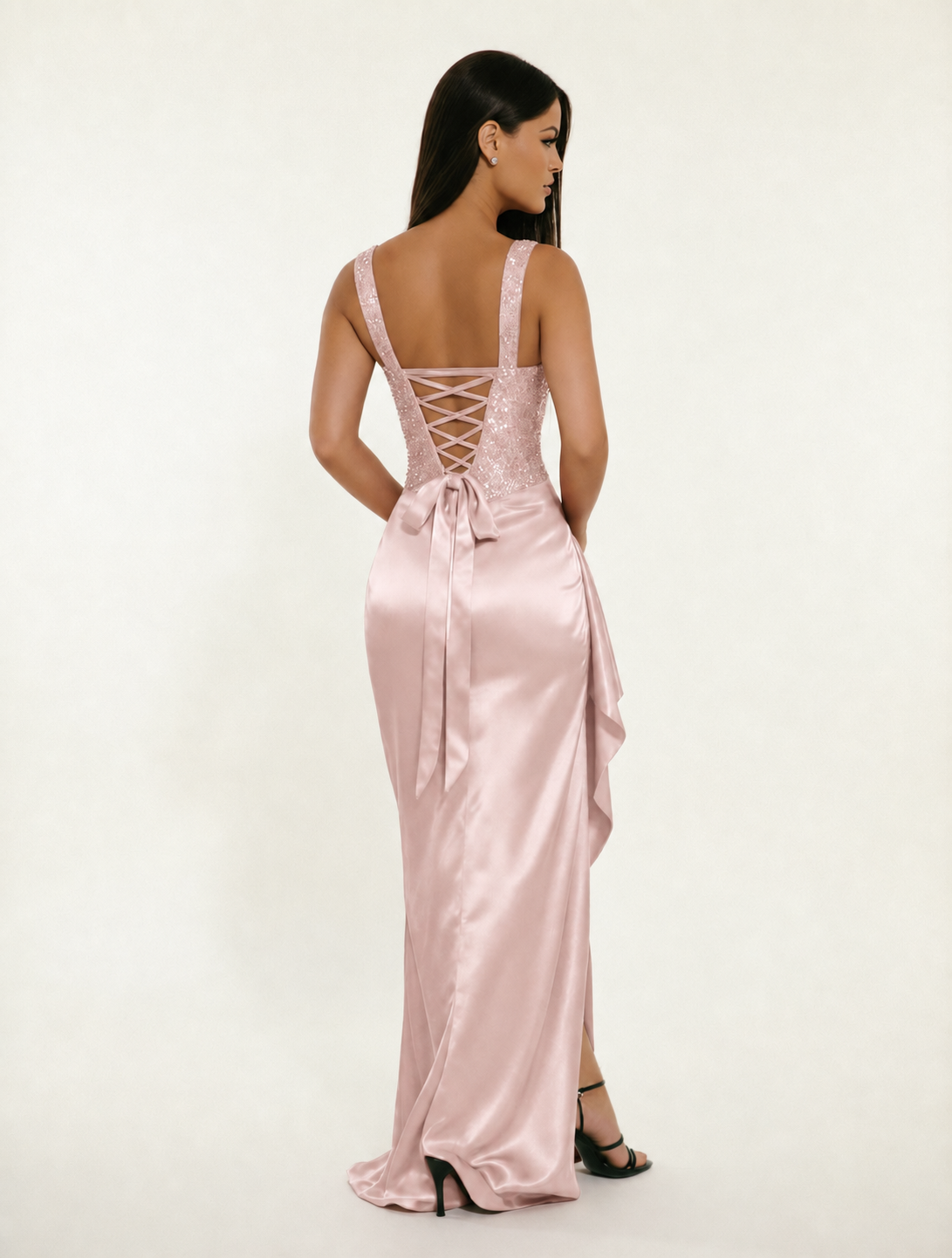 Sequin Corset Satin High Slit Formal Maxi Dress