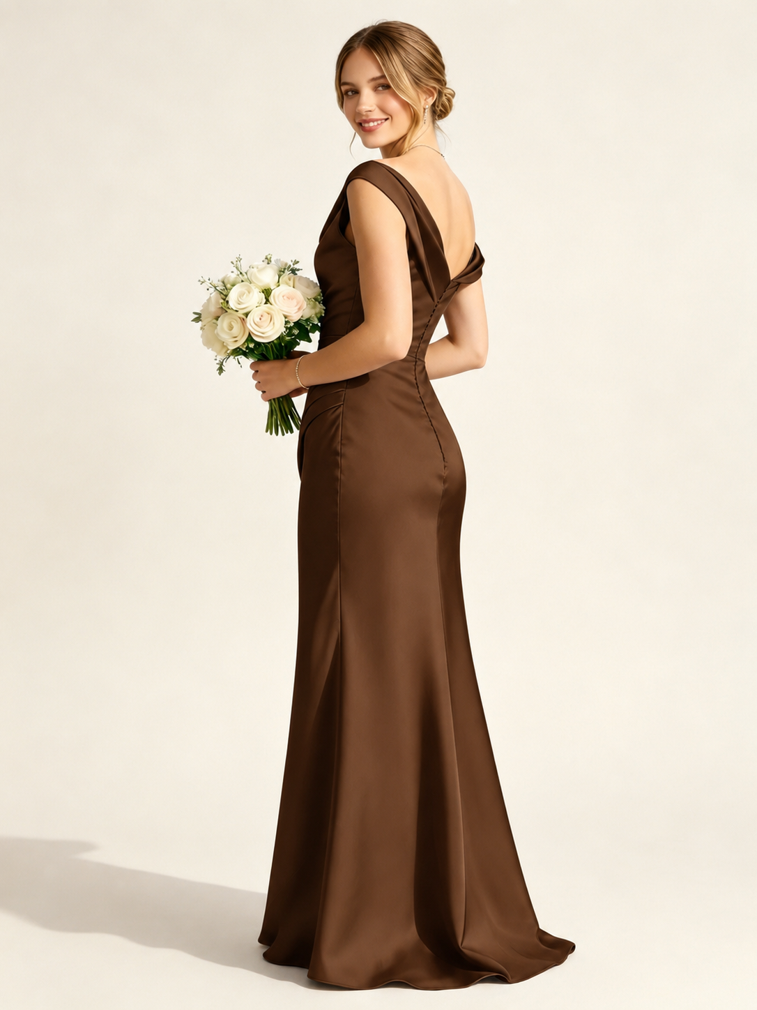 Satin Mermaid Bridesmaid Maxi Dress, Asymmetrical Off Shoulder Ruched Waist Open Back