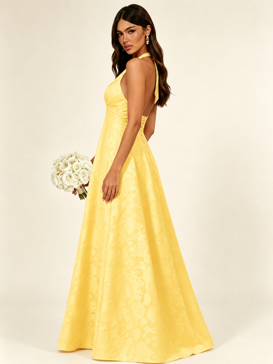 Floral Jacquard Halter Deep V A-Line Maxi Dress Backless Lace-Up Corset Bridesmaid Dress