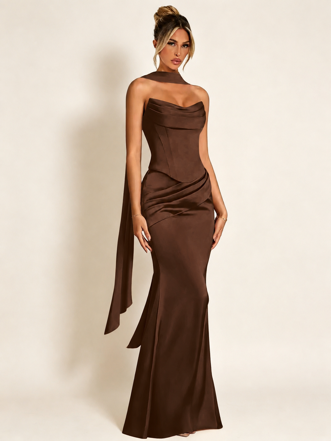 Satin Cowl Neck Mermaid Evening Dress with Corset Bodice and Draped Straps