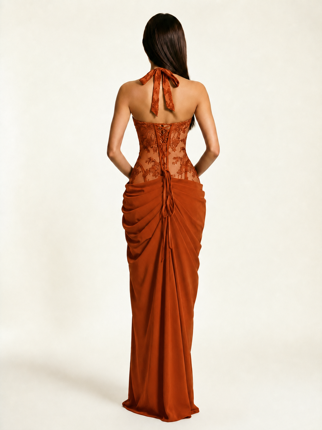 Lace Corset Halter High Slit Formal Dress